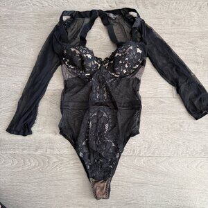 Victoria’s Secret Black Lace Mesh Long Sleeve Teddy Bodysuit 34B